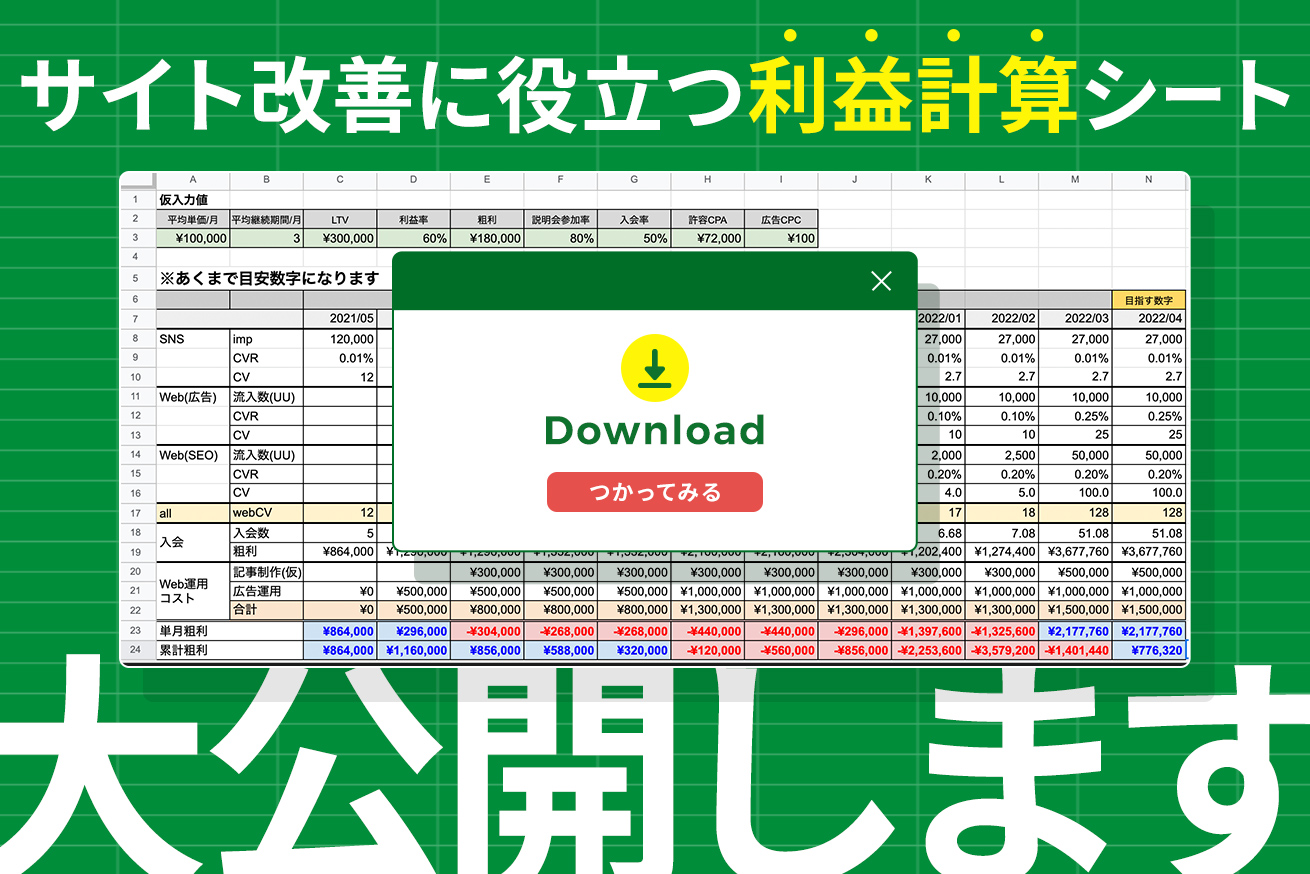 【DL有】Webサイト運用改善に役立つ！利益計算シミュレーションシートを大公開します！